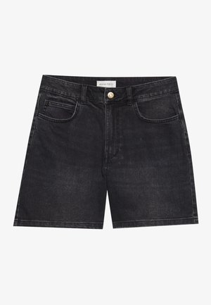 Mustad denim lühikesed püksid klassikalise viie tasku kujundusega, ühe nupuga kinnitamine ja sirge jala lõige. Sile tekstuur koos peente õmblemise detailidega.