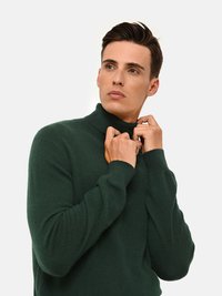 Groene trui met een hoge kraag, gemaakt van zachte stof. Hij heeft lange mouwen en een getailleerd ontwerp, zonder zichtbare patronen of hardware.