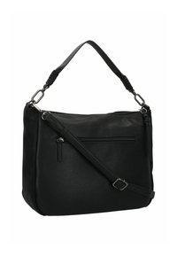 Sac à épaule en cuir noir avec une surface texturée, une bandoulière ajustable et une poche zippée à l'avant. Présente une forme plate avec des accents lisses.