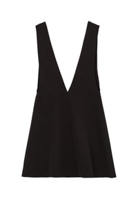 Robe noire sans manches avec une encolure en V profonde, un corsage ajusté et une jupe évasée. Fabriquée en tissu lisse, elle présente des lignes épurées et des coutures minimales.