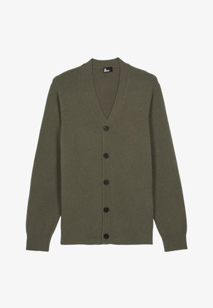 Olivengrøn cardigan lavet af blødt stof, med V-hals, lange ærmer og seks sorte knapper foran til lukning.