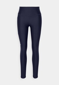 Leggings blu navy con vita alta, realizzati in un materiale elasticizzato. Texture liscia e design aderente, caratterizzati da un sottile dettaglio del logo sul lato.