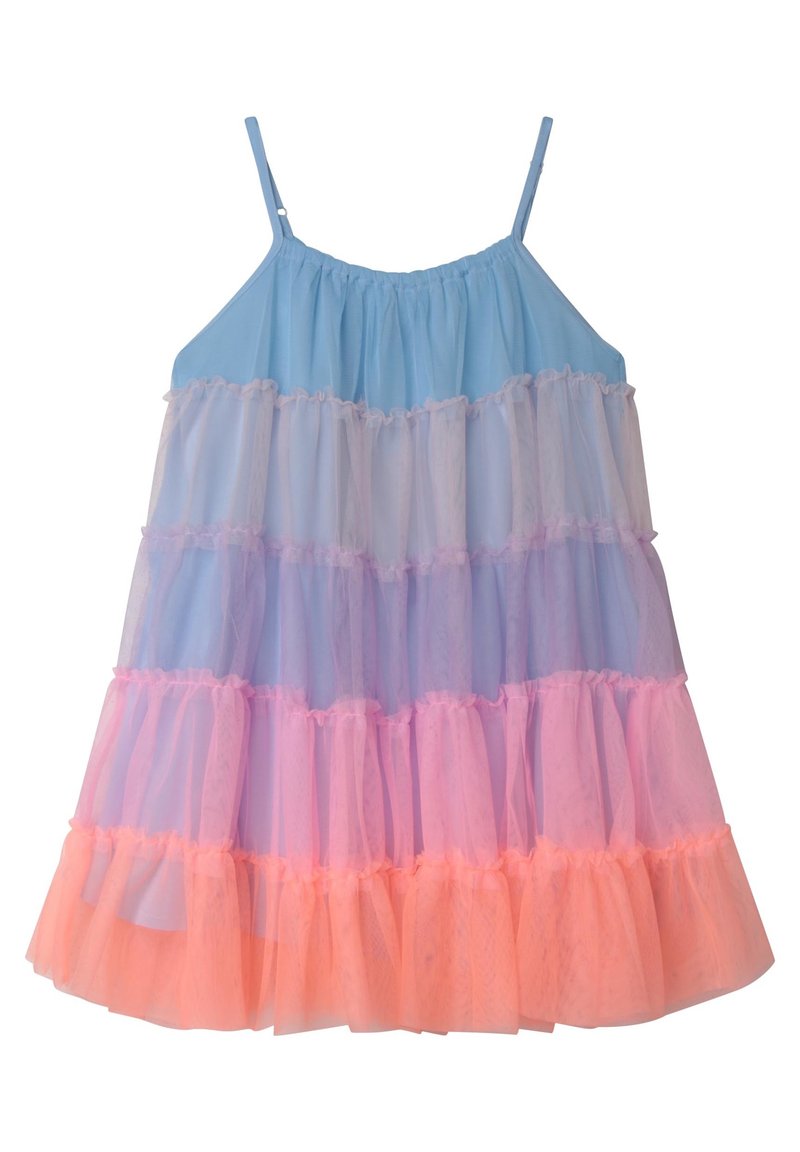 Robe en tulle avec des niveaux superposés en bleu, rose et corail. Des bretelles fines et des bords volants accentuent le design fantaisiste.