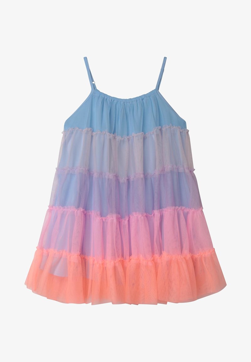 Robe en tulle avec des niveaux superposés en bleu, rose et corail. Des bretelles fines et des bords volants accentuent le design fantaisiste.