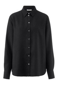Schwarzes Langarmshirt mit einem kragenförmigen Ausschnitt, Knopfleiste und strukturiertem Schnitt. Hergestellt aus leichtem Stoff mit einer glatten Oberfläche.