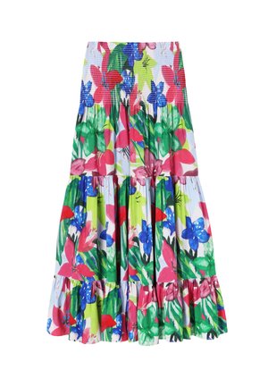 Gonna a strati con stampa floreale dai colori vivaci: rosso, blu, verde e rosa. Realizzata in tessuto leggero con vita arricciata.
