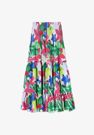 Gonna a strati con stampa floreale dai colori vivaci: rosso, blu, verde e rosa. Realizzata in tessuto leggero con vita arricciata.