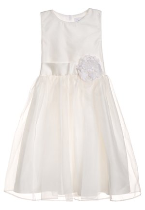Hvid ærmeløs kjole med satinliv og et lagdelt tylskørt. Har en hvid stofblomst som accent ved taljen.