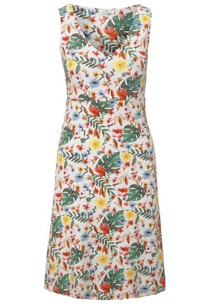 Robe sans manches à fleurs avec un col en V, présentant un fond blanc décoré de fleurs colorées et de feuilles vertes. Silhouette trapèze.