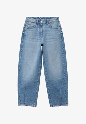 Jeans vaqueros de tiro alto azul claro con pierna recta, cierre frontal de botón y cremallera, y diseño de cinco bolsillos.