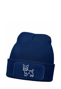 Navy knit beanie with ribbed texture, featuring a rectangular patch displaying a white graphic of a dog in a geometric design.