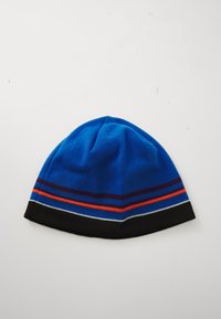 Blue knit beanie with black, white, red, and purple horizontal stripes near the bottom edge, laid flat on a white surface.