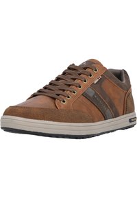 Bruna lädersneakers med gråa tygdetaljer, gummisula och metallöglor. Har ett randigt mönster på sidan och en texturerad tåhuvud.