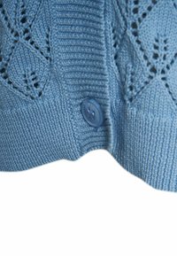 Cardigan tricotat de culoare albastru deschis, cu modele texturate în formă de frunză și un buton mare, rotund, asortat pentru închidere.