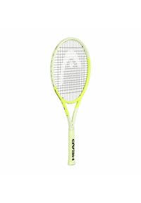 Tennis racket with a yellow and white frame, oval head, textured grip, and black lettering. The strings are tightly woven across the head.