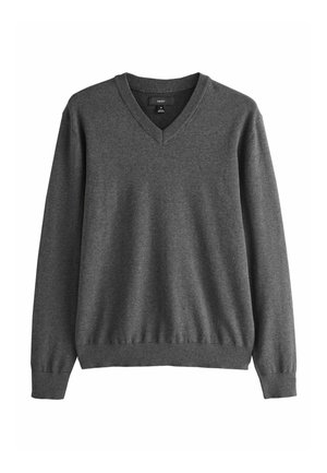 Sötétszürke hosszú ujjú V-nyakú pulóver bordázott mandzsettákkal és szegéllyel, közepes méret, egyszínű kötött anyagból.