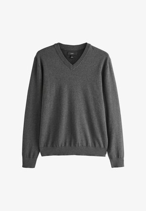 Sötétszürke hosszú ujjú V-nyakú pulóver bordázott mandzsettákkal és szegéllyel, közepes méret, egyszínű kötött anyagból.