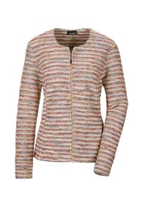 Giacca con zip a righe in tessuto multicolore e testurizzato. Collo tondo, maniche lunghe e dettaglio della zip dorata. I colori principali includono bianco, rosso e verde.