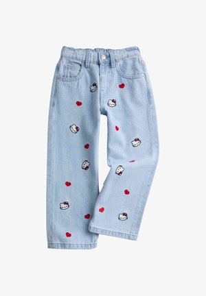 Jasnoniebieskie dżinsy z denimu z czerwono-białym haftem Hello Kitty z serduszkami, o prostych nogawkach, w stylu z pięcioma kieszeniami i zapięciem na guziki.