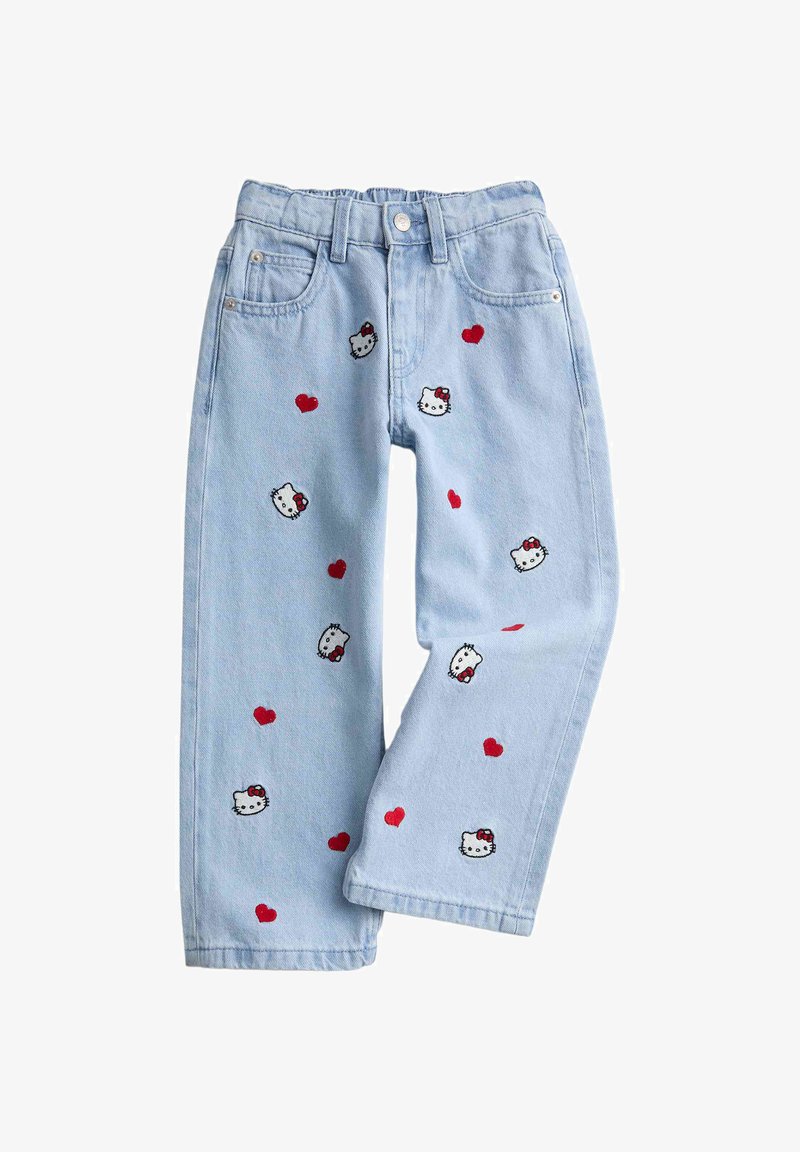 Light blue denim jeans featuring red and white Hello Kitty embroidery with hearts, straight-leg design, five-pocket style, and button closure.