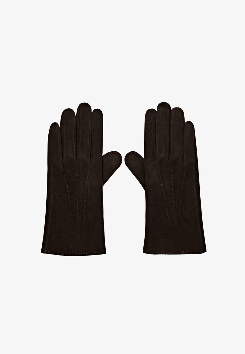 Gants en cuir noir avec une texture lisse, présentant des coutures détaillées à l'arrière et un design ajusté pour un maintien parfait.