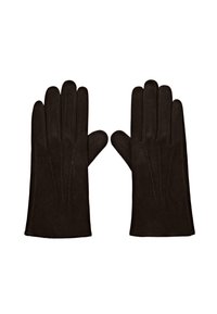 Guanti in pelle nera con una texture liscia, caratterizzati da cuciture dettagliate sul retro e un design aderente per una vestibilità impeccabile.