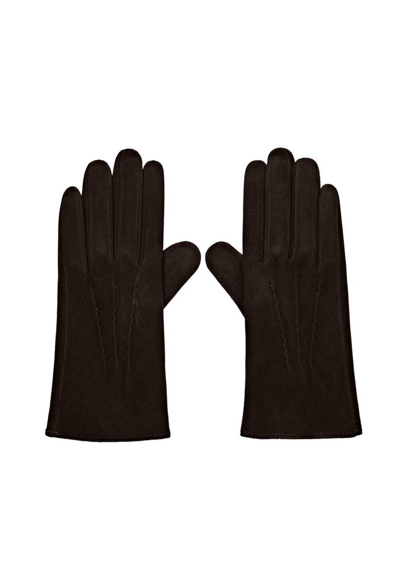 Guanti in pelle nera con una texture liscia, caratterizzati da cuciture dettagliate sul retro e un design aderente per una vestibilità impeccabile.