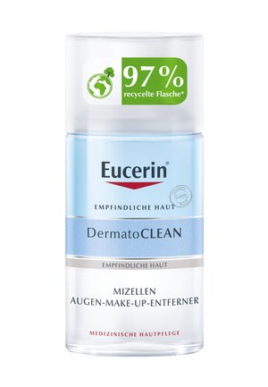Transparente Kunststoffflasche mit einem blauen Etikett, silbernen Akzenten und weißem Deckel. Der Text enthält "Eucerin DermatOClean" und ein Recyclinglogo.