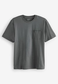 Mörkgr�å bomull T-shirt, kortärmad, rund hals, normal passform, med en bröstficka till vänster och slät textur.