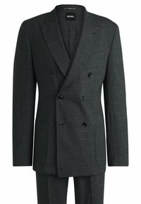 Double-breasted dark gray blazer made of textured fabric. Features notched lapels, two front pockets, and black buttons.