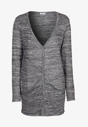 Cardigan grigio a maniche lunghe in tessuto a maglia testurizzata, con scollatura a V profonda e chiusura frontale con sette bottoni, arricchita da dettagli di arricciature diagonali.