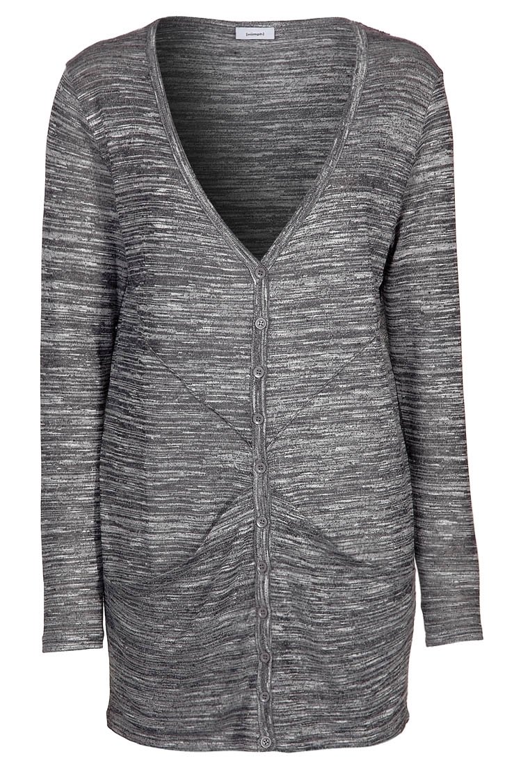 Grauer, langärmeliger Cardigan aus strukturiertem Strickstoff, mit tiefem V-Ausschnitt und einer siebentelligen Knopfleiste mit diagonalen Raffungselementen.