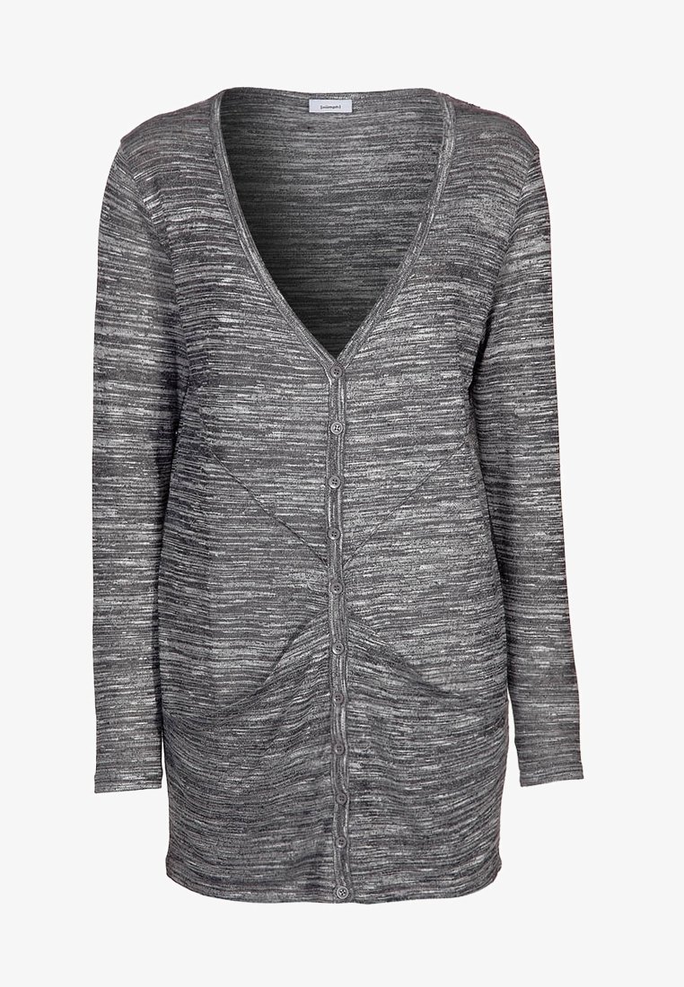 Grauer, langärmeliger Cardigan aus strukturiertem Strickstoff, mit tiefem V-Ausschnitt und einer siebentelligen Knopfleiste mit diagonalen Raffungselementen.