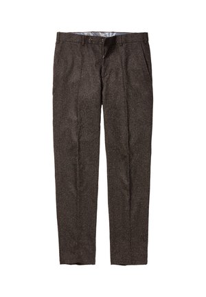 Dunkelbraune formelle Tweedhose mit Gürtelschlaufen, vorderem Knopf- und Reißverschluss und Seitentaschen, auf einem weißen Hintergrund flach liegend.
