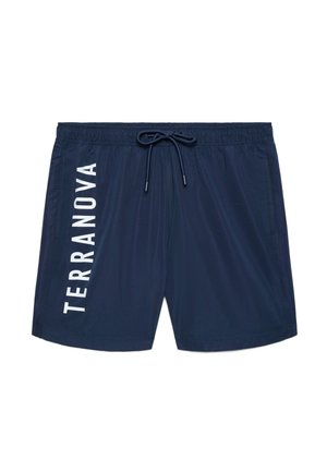 Costume da bagno blu navy con tasche laterali, cintura elastica, coulisse e scritta verticale bianca "TERRANOVA" sulla gamba sinistra.