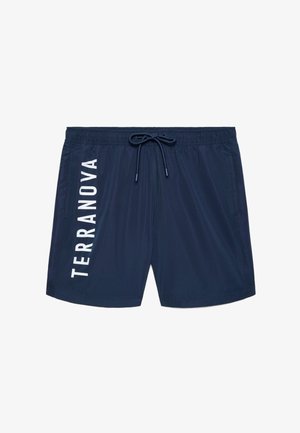Costume da bagno blu navy con tasche laterali, cintura elastica, coulisse e scritta verticale bianca "TERRANOVA" sulla gamba sinistra.