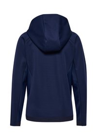 Marinblå luvtröja med en slät textur, långa ärmar och en figursydd design. Bakifrån syns minimala detaljer och rena linjer.