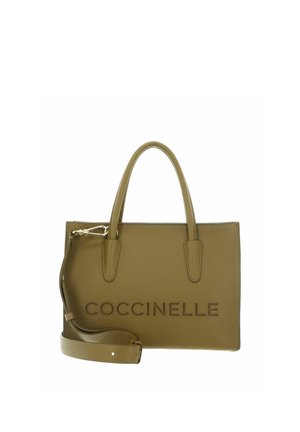 Olive green leather handbag with double handles, detachable shoulder strap, and "COCCINELLE" embossed on the front.