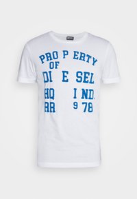 White cotton t-shirt with blue graphic text reading "PROPERTY OF DIESEL HQ IND. 1978." Short sleeves, round neckline, and relaxed fit.