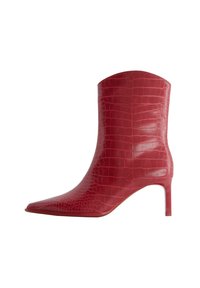 Red faux crocodile leather ankle boot with a pointed toe and a slim heel, featuring a smooth texture and a sleek silhouette.