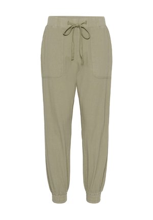 Pantalon de jogging léger vert clair avec une taille élastique, un cordon de serrage, deux poches avant et des bas resserrés.