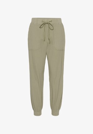 Pantalon de jogging léger vert clair avec une taille élastique, un cordon de serrage, deux poches avant et des bas resserrés.