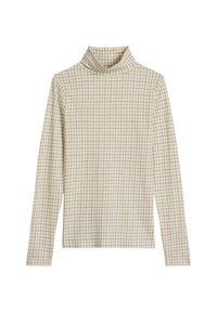 Top met lange mouwen en coltrui in crème met een ruitpatroon in lichtbruin. Gemaakt van een zachte, gladde stof. Heeft een ontspannen pasvorm.