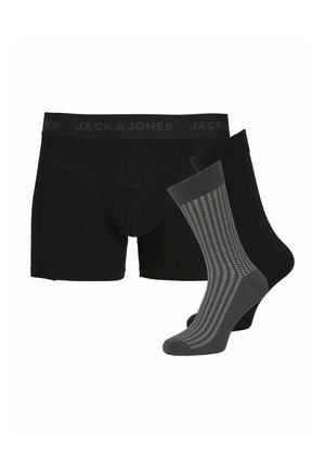 Black Jack & Jones férfi boxeralsók két pár zoknival, egyik egyszínű fekete, a másik sötétszürke világos mintával.