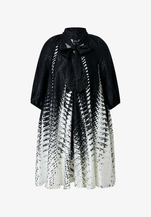 Schwarz-weißes Midikleid mit hohem Hals und Schleife, dreiviertellangen Puffärmeln und strukturiertem, geflecktem Verlaufsdesign.