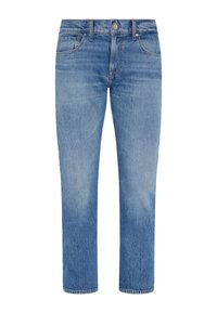 Jeans in denim azzurro chiaro con design a gamba dritta, cinque tasche e una vita classica con bottone metallico e chiusura a zip.