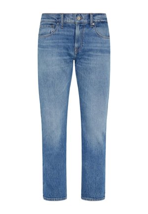 Light blue denim jeans with a straight leg design, five pockets, and a classic waistband featuring a metal button and zip closure.