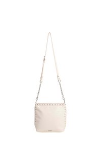 Beige crossbody bag with studded accents, synthetic material, flat shape, adjustable strap, silver hardware, and a clean design.