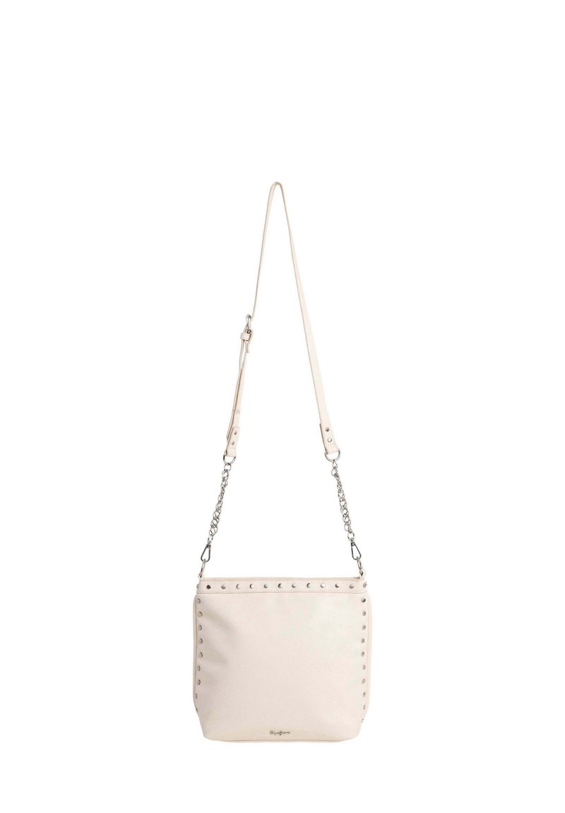 Beige crossbody bag with studded accents, synthetic material, flat shape, adjustable strap, silver hardware, and a clean design.