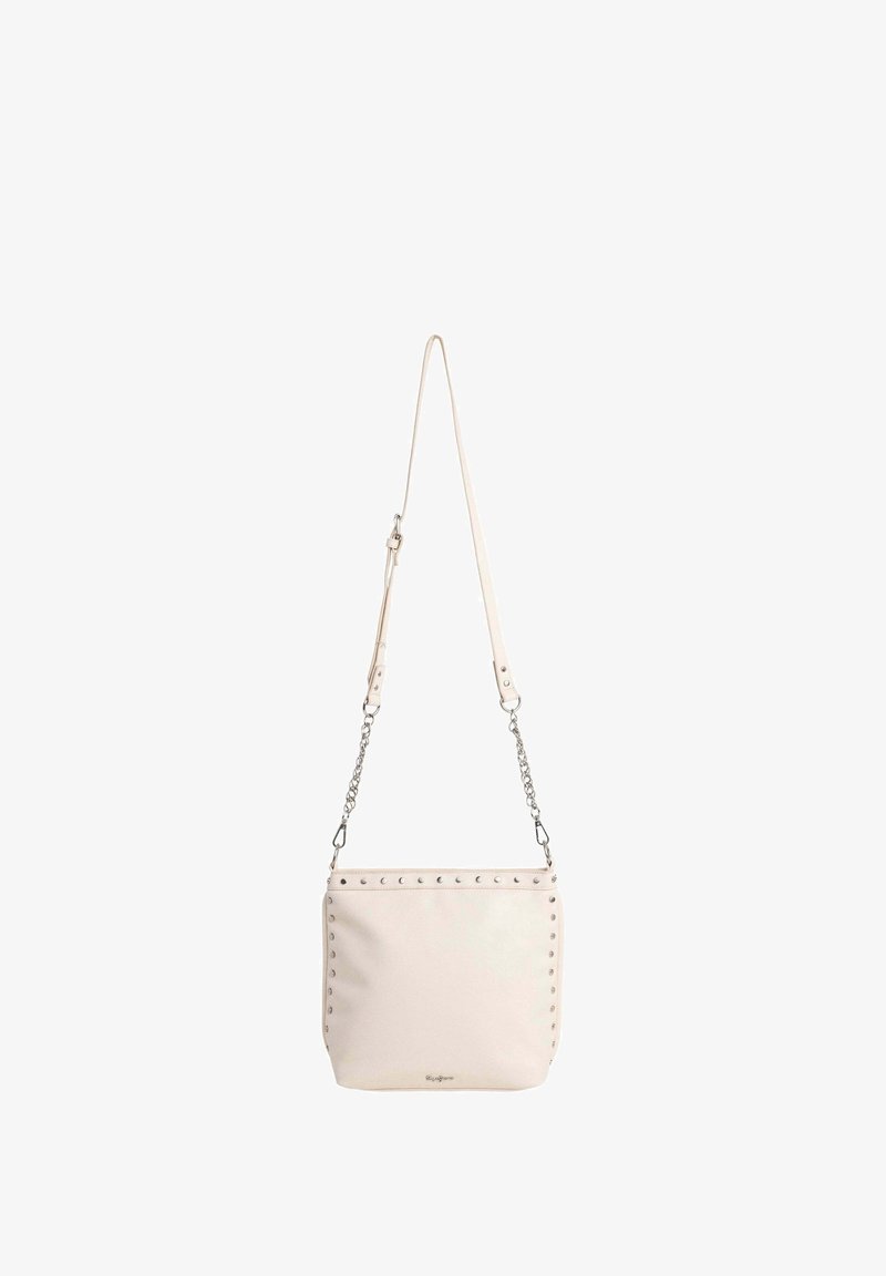 Beige crossbody bag with studded accents, synthetic material, flat shape, adjustable strap, silver hardware, and a clean design.